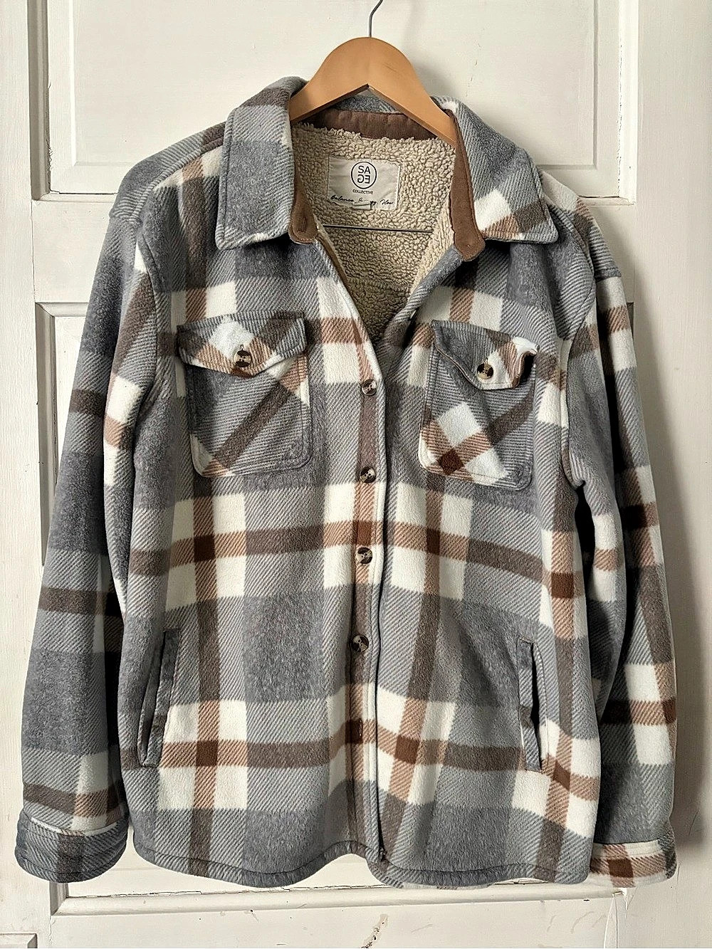 SAGE Collective Plaid Sherpa-Lined Jacket in Gray & Brown XL, Like New